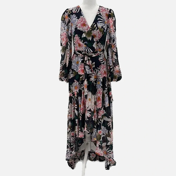 Eliza J Floral Long Sleeve High-Low Faux Wrap Dress in Navy Multi - NEW - Size 6 - Picture 2 of 9
